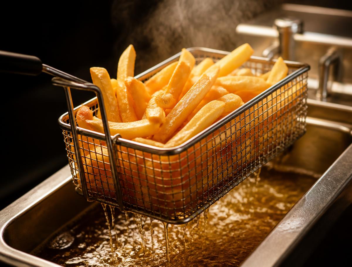 Binnen in de frituur, frieten worden gebakken